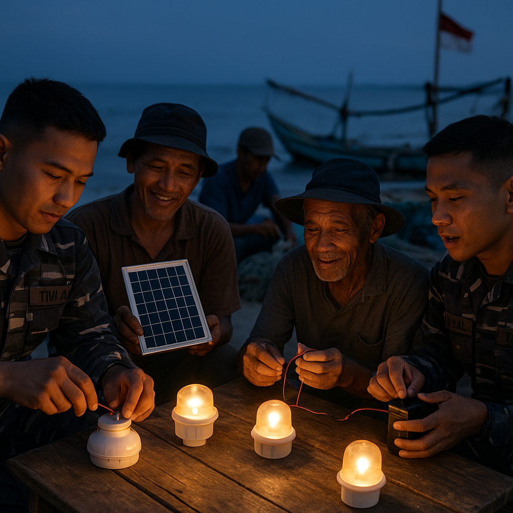 Prajurit TNI AL Bersama Nelayan Membuat Lampu Penerangan Tenaga Surya