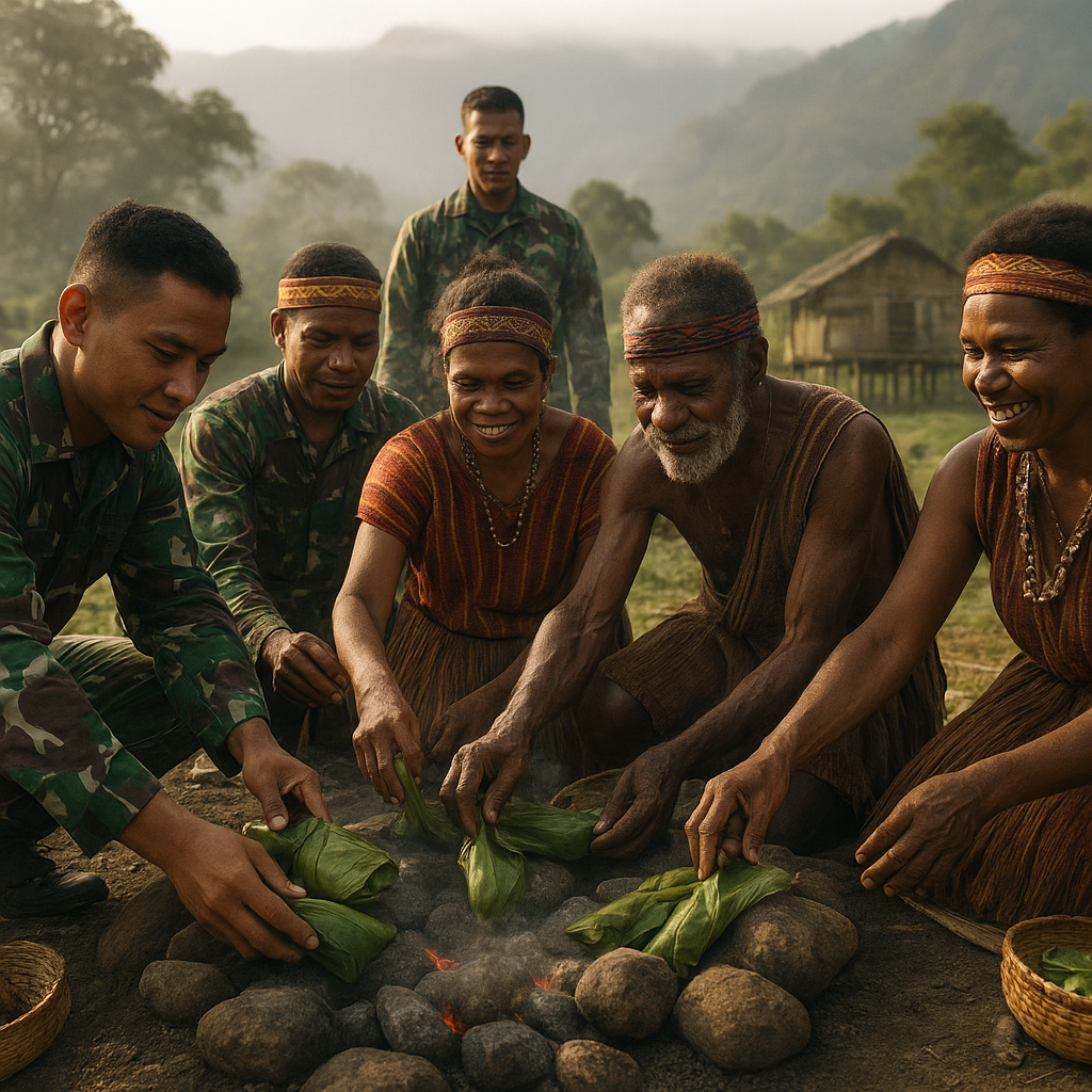 Kebersamaan di Pegunungan Papua: Satgas Yonif 621/Manuntung Ikuti Tradisi Bakar Batu Bersama Warga Sinak