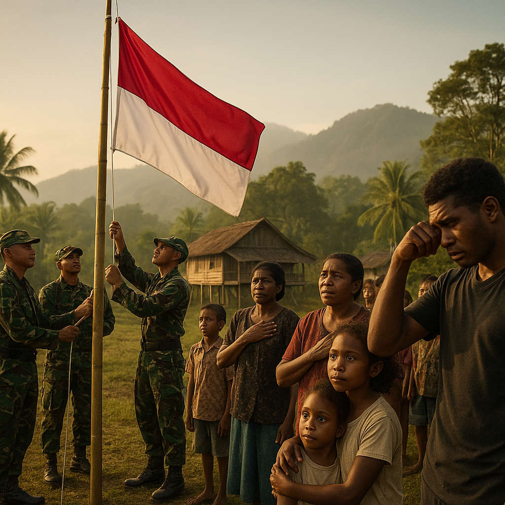 Momen Haru di Perbatasan Papua, Satgas Yonif 407/Padma Kusuma Kibarkan Merah Putih Perdana di Kampung Oksip