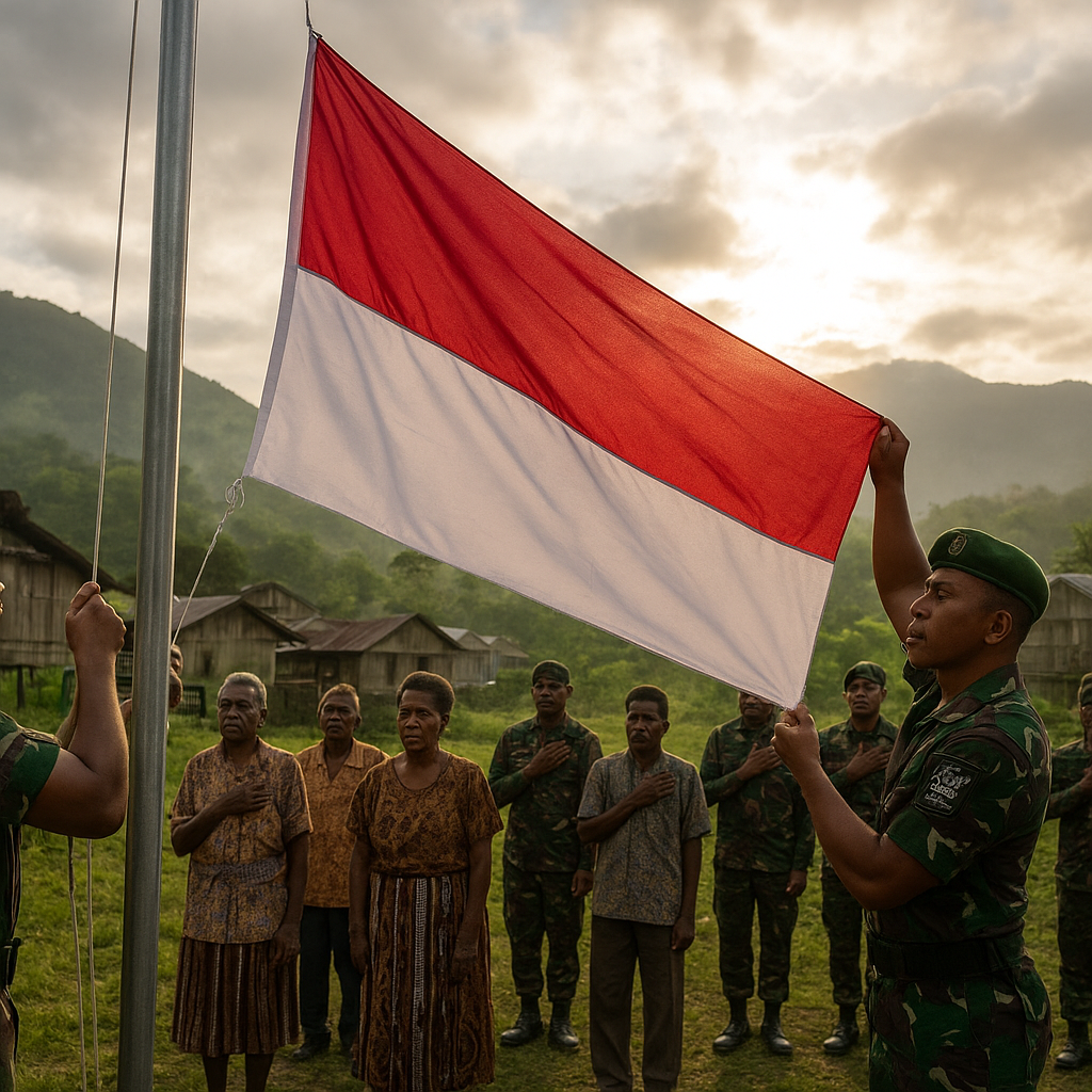 Momen Haru di Perbatasan Papua, Satgas Yonif 407/Padma Kusuma Kibarkan Merah Putih Perdana di Kampung Oksip