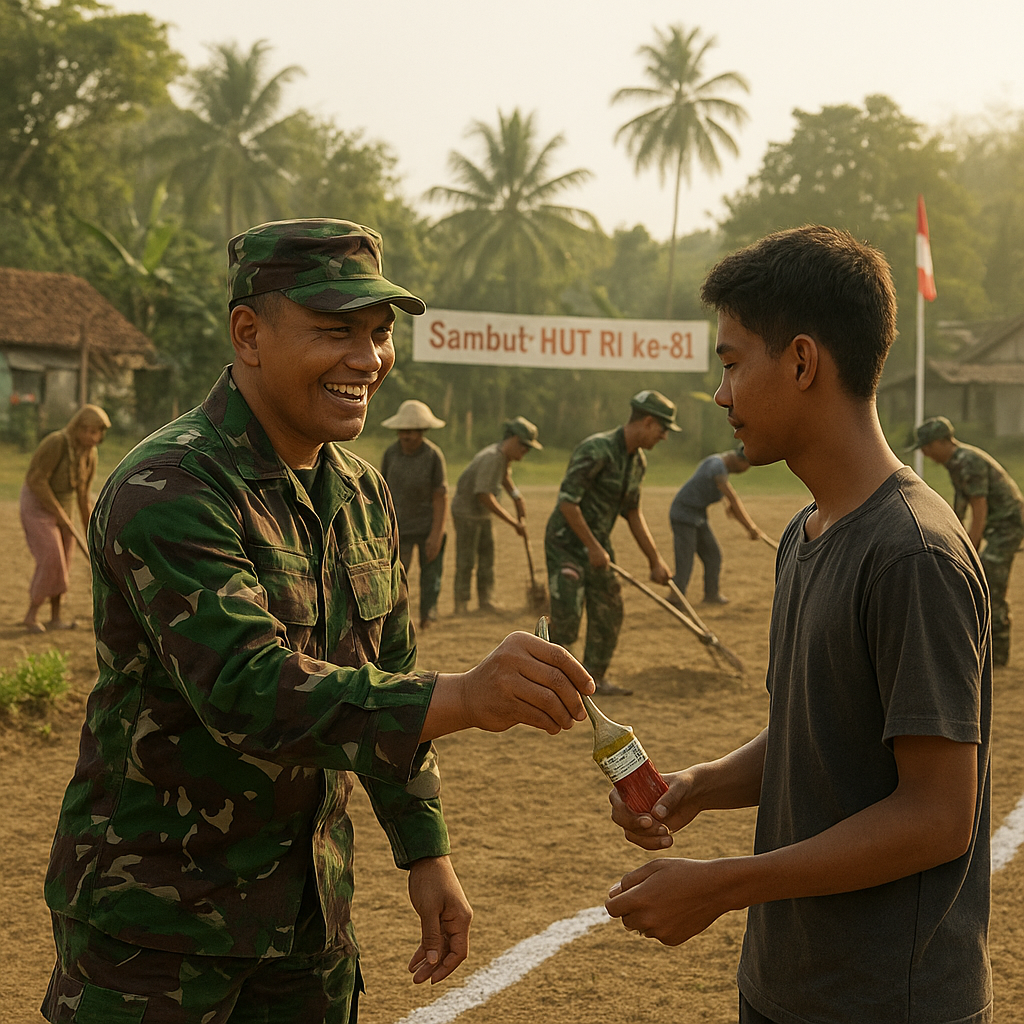 Sambut HUT RI ke-81, Prajurit Yonif 143/TWEJ dan Warga Perbatasan Gotong Royong Percantik Lapangan Eligobel