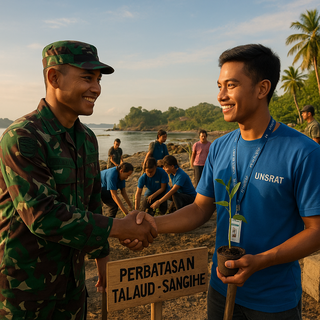 Kodam XIII/Merdeka dan Mahasiswa Unsrat Berkolaborasi Bakti di Perbatasan Talaud-Sangihe