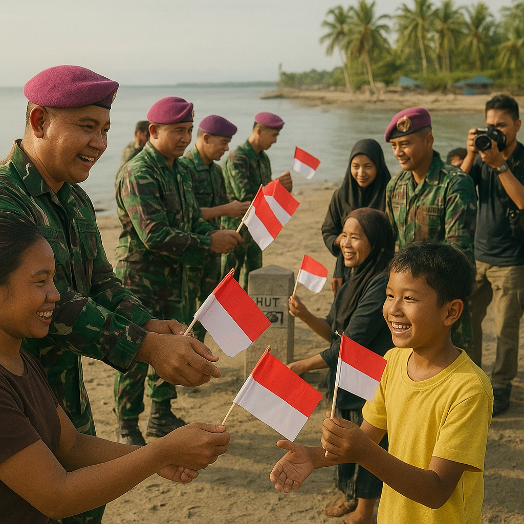 Korps Marinir Lanjutkan Tradisi Membagikan Bendera Merah Putih di Perbatasan, Semarakkan HUT Ke-81 RI
