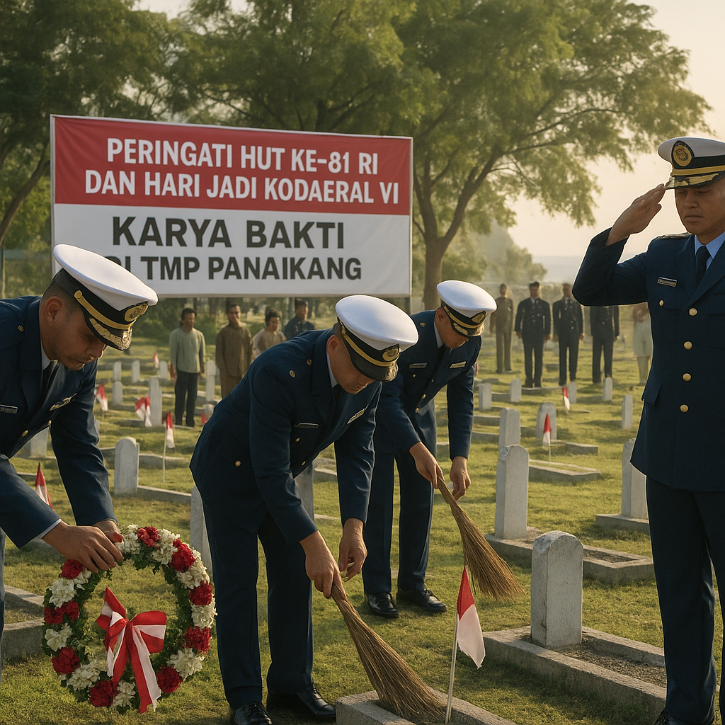 Peringati HUT ke-81 RI dan Hari Jadi Kodaeral VI, TNI AL Gelar Karya Bakti di TMP Panaikang